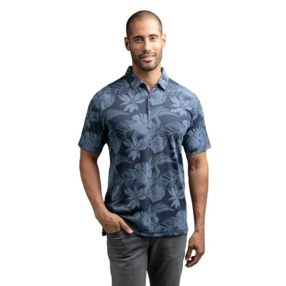 Travis Mathew Ball Hog Floral Printed Polo Shirt in Mood Indigo Mens XL